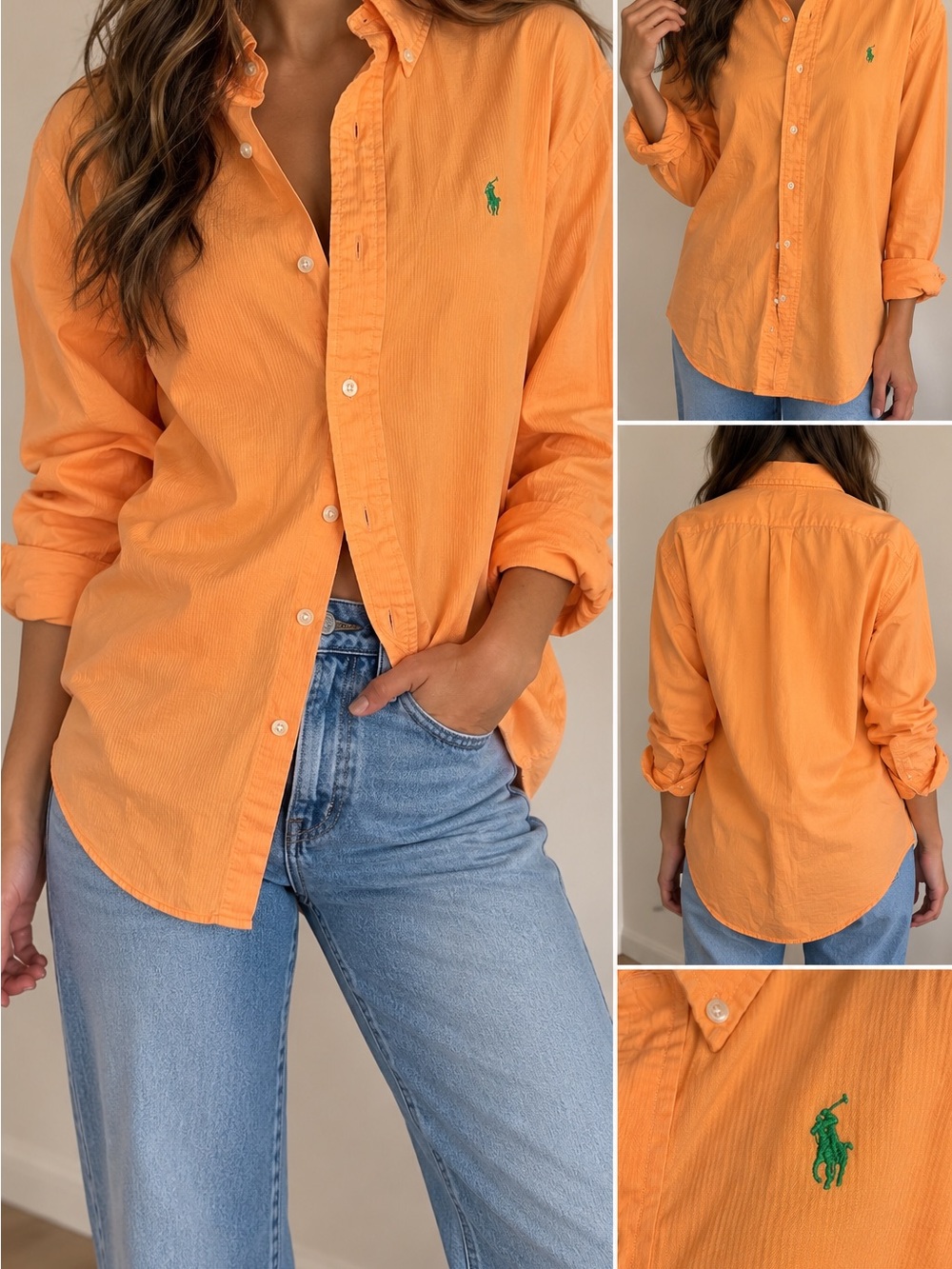 Ralph Lauren Orange Button Down Shirt Green Pony Logo Women’s S/P Preppy Casual